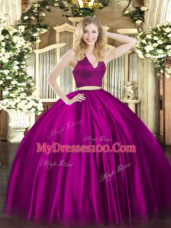 Fine Floor Length Fuchsia Quinceanera Gown Halter Top Sleeveless Zipper