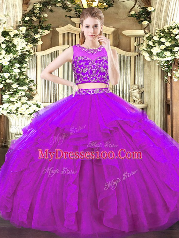 Floor Length Zipper Quinceanera Dresses Purple for Military Ball and Sweet 16 and Quinceanera with Beading and Ruffles