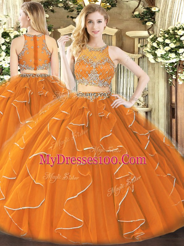 Orange Zipper Quinceanera Dresses Beading and Ruffles Sleeveless Floor Length