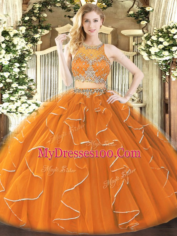 Orange Zipper Quinceanera Dresses Beading and Ruffles Sleeveless Floor Length