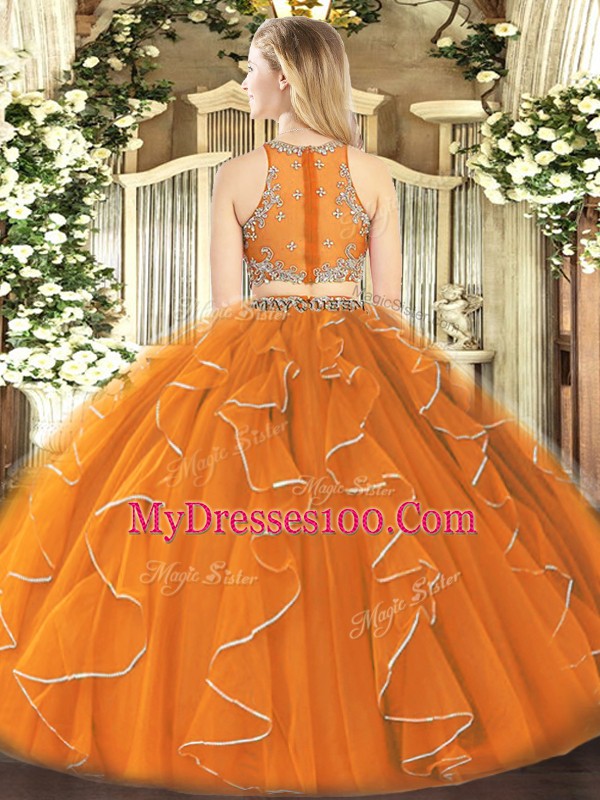 Orange Zipper Quinceanera Dresses Beading and Ruffles Sleeveless Floor Length