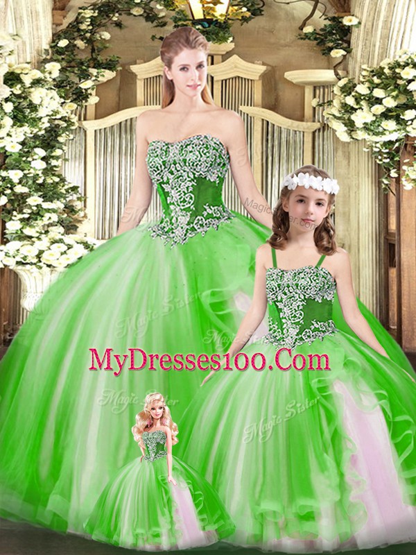 Flirting Strapless Sleeveless Lace Up Sweet 16 Dress Green Organza