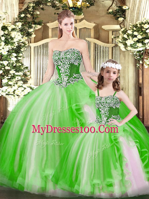 Flirting Strapless Sleeveless Lace Up Sweet 16 Dress Green Organza