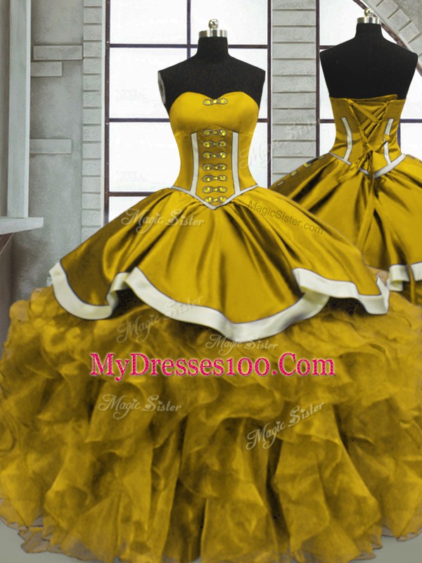 Clearance Brown Sweetheart Lace Up Beading and Ruffles Sweet 16 Dresses Sleeveless