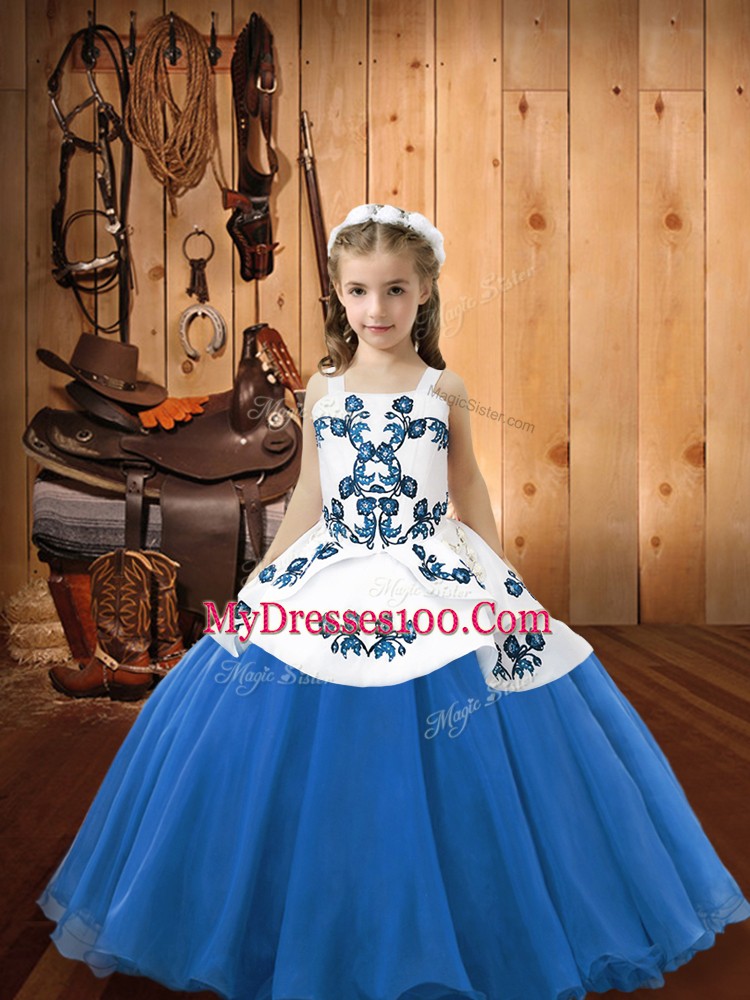 Blue Straps Lace Up Embroidery Pageant Gowns For Girls Sleeveless