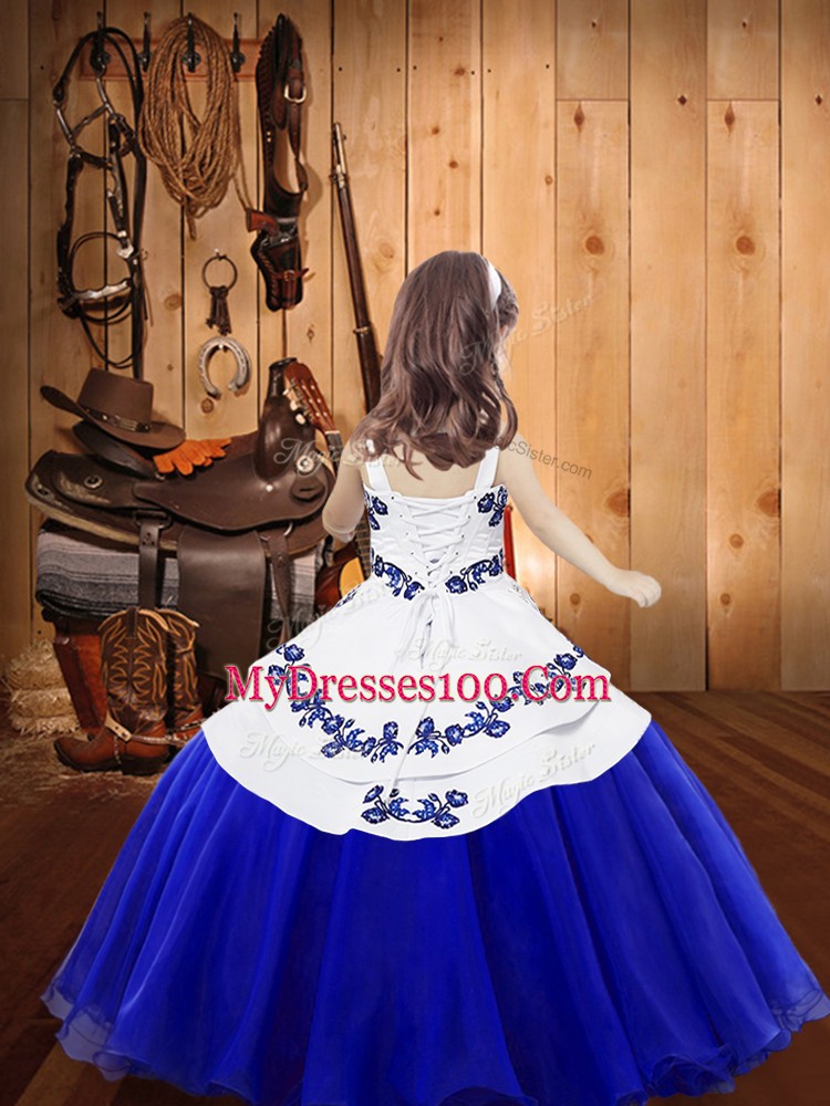 Blue Straps Lace Up Embroidery Pageant Gowns For Girls Sleeveless