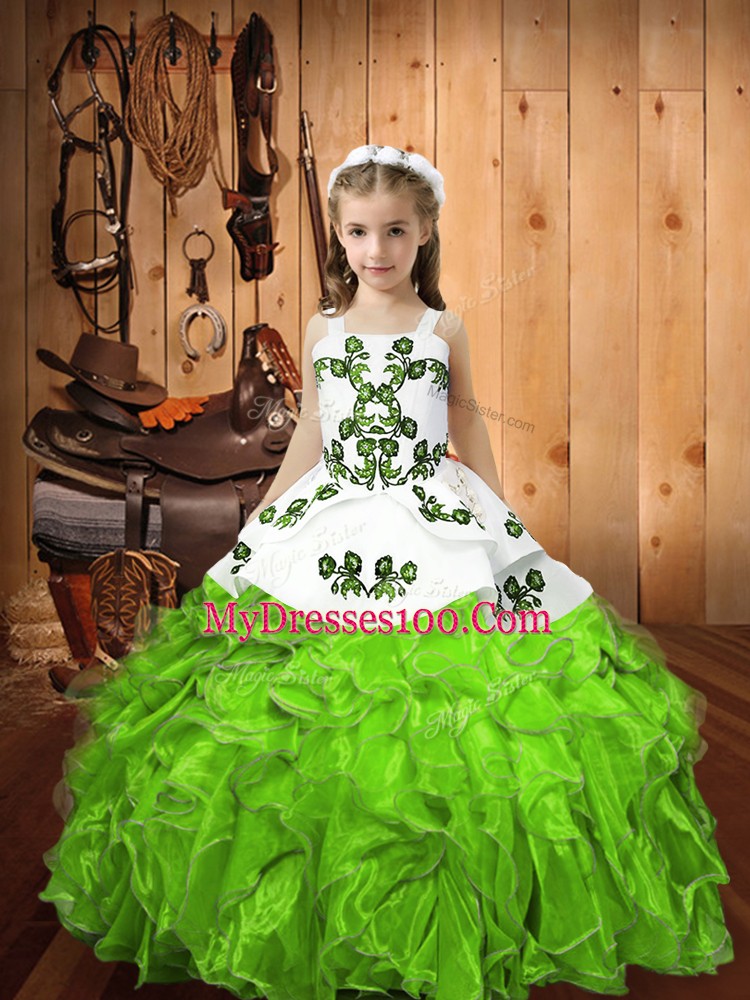 Lace Up Straps Embroidery and Ruffles Little Girls Pageant Dress Wholesale Organza Sleeveless