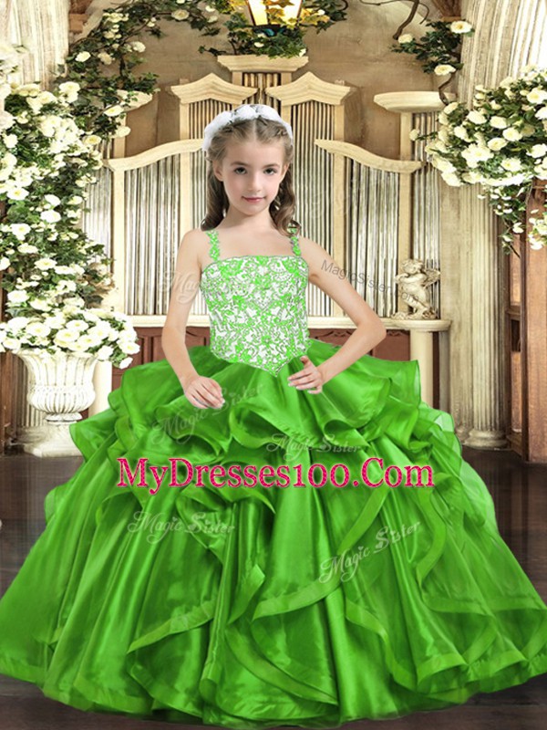Green Straps Neckline Beading and Ruffles Kids Pageant Dress Sleeveless Lace Up