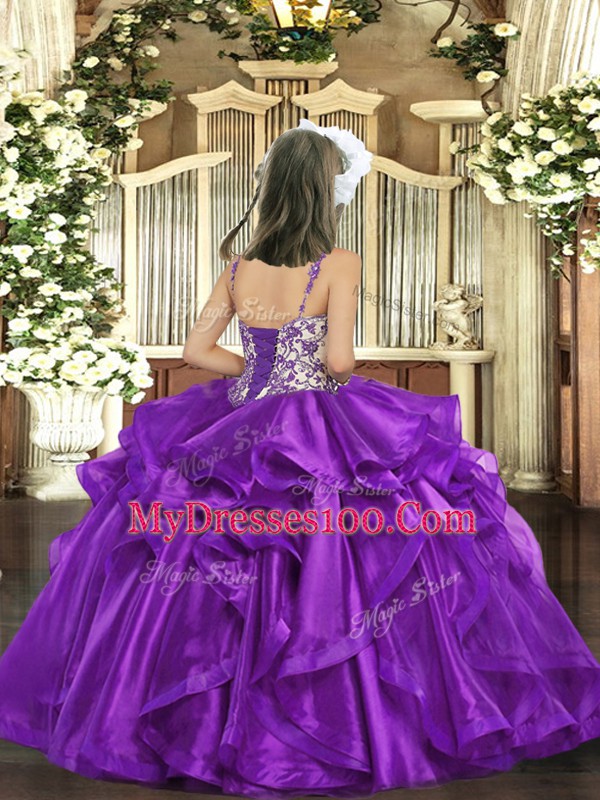 Green Straps Neckline Beading and Ruffles Kids Pageant Dress Sleeveless Lace Up