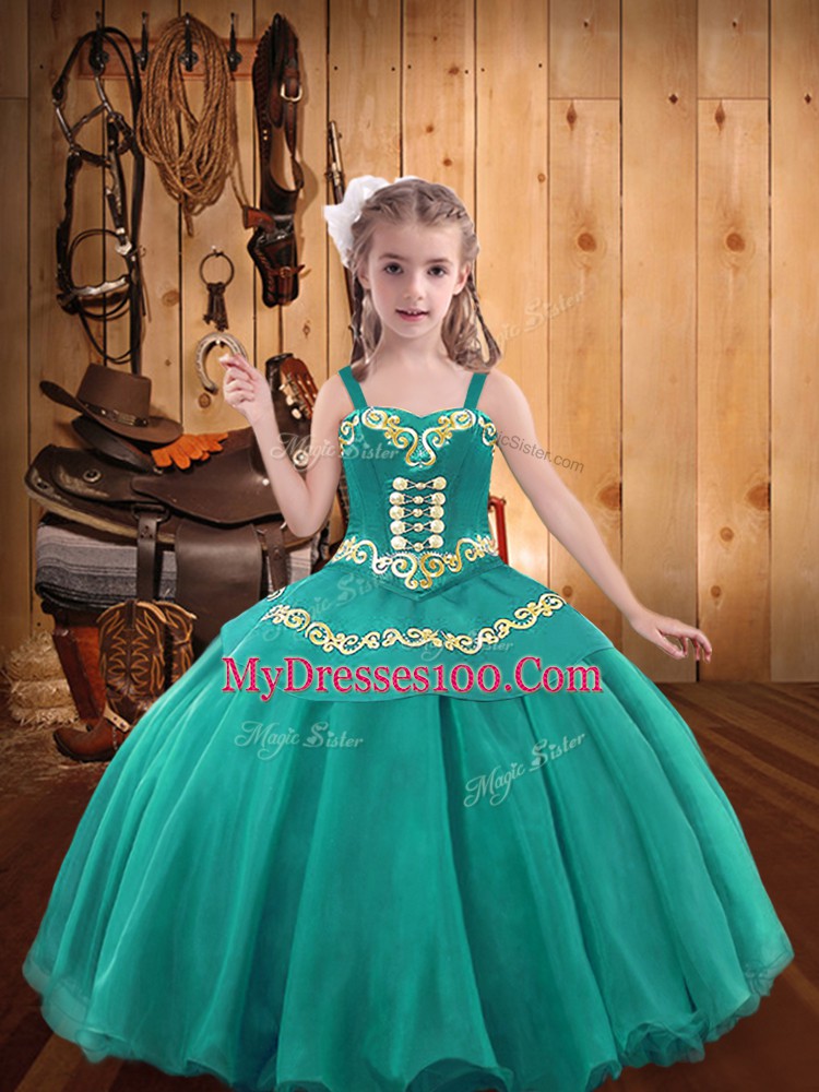 Luxurious Straps Sleeveless Lace Up Pageant Dress Womens Teal Organza