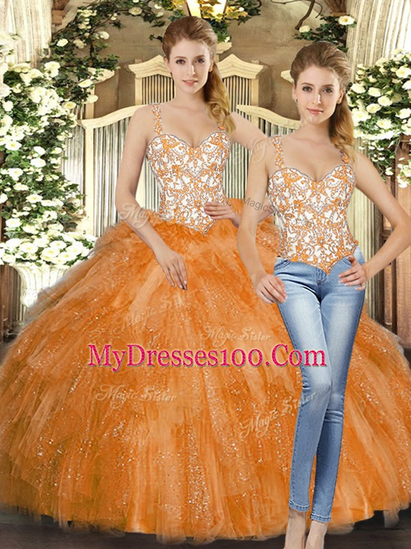 Orange Red Lace Up Straps Beading and Ruffles Sweet 16 Quinceanera Dress Organza Sleeveless