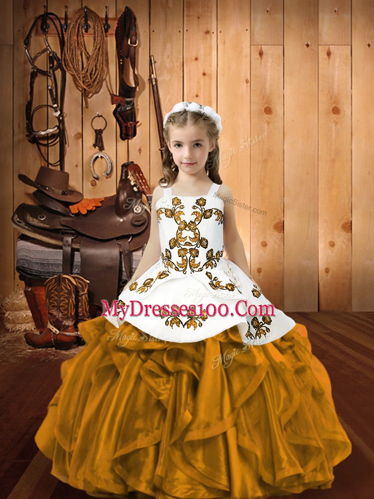 Custom Made Brown Lace Up Straps Embroidery and Ruffles Kids Pageant Dress Organza Sleeveless