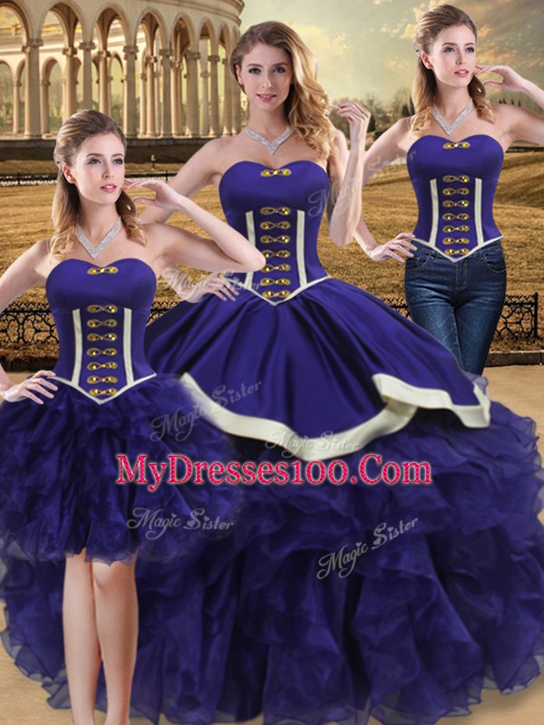 Sleeveless Floor Length Beading and Ruffles Lace Up Quinceanera Gown with Purple