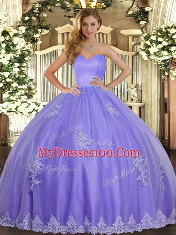 Sleeveless Floor Length Beading and Appliques Lace Up Quinceanera Dresses with Lavender