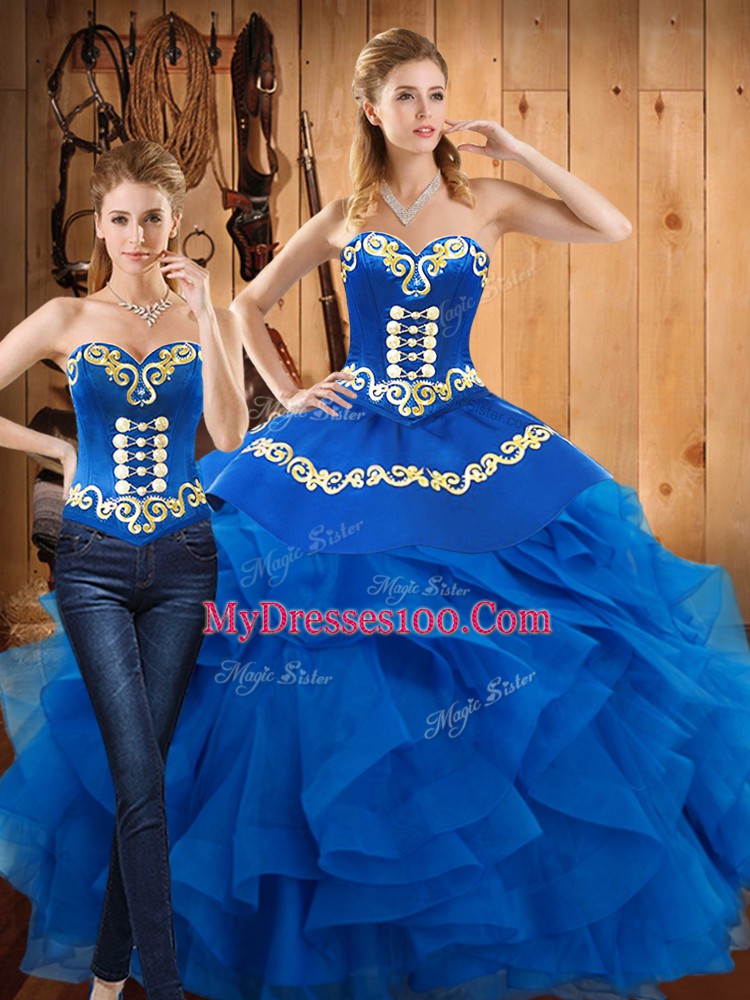 Blue Sweetheart Neckline Embroidery and Ruffles 15 Quinceanera Dress Sleeveless Lace Up