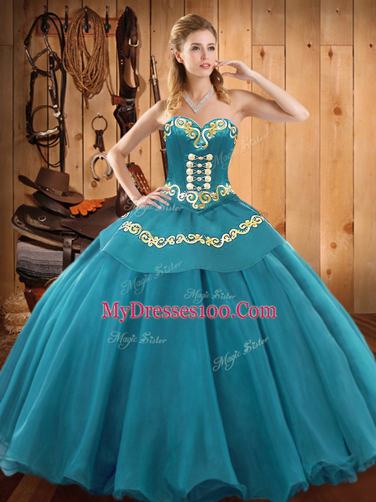 Flirting Floor Length Teal Vestidos de Quinceanera Tulle Sleeveless Embroidery