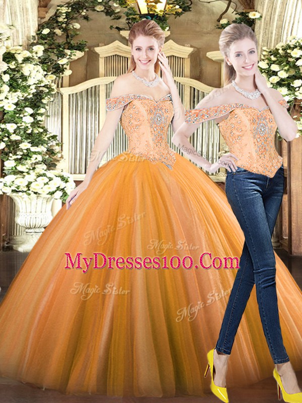 Orange Red Off The Shoulder Neckline Beading Quinceanera Gown Sleeveless Lace Up