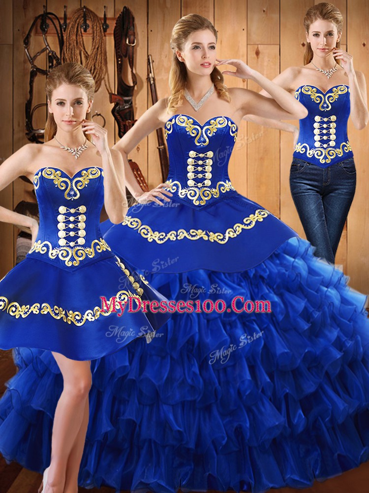 Blue Sweetheart Neckline Embroidery and Ruffled Layers 15 Quinceanera Dress Sleeveless Lace Up