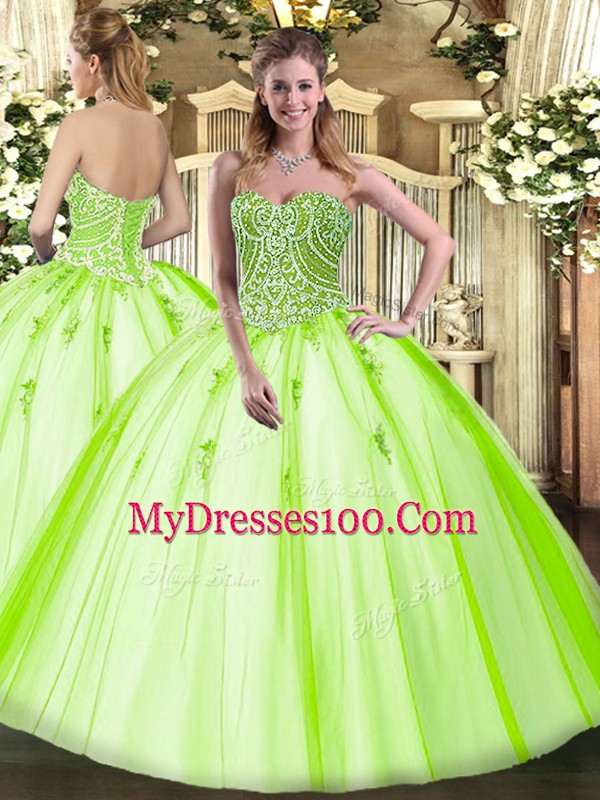 Yellow Green Tulle Lace Up 15th Birthday Dress Sleeveless Floor Length Beading