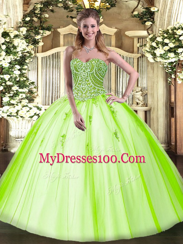 Yellow Green Tulle Lace Up 15th Birthday Dress Sleeveless Floor Length Beading