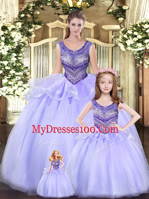Beading and Ruching Quince Ball Gowns Lavender Lace Up Sleeveless Floor Length