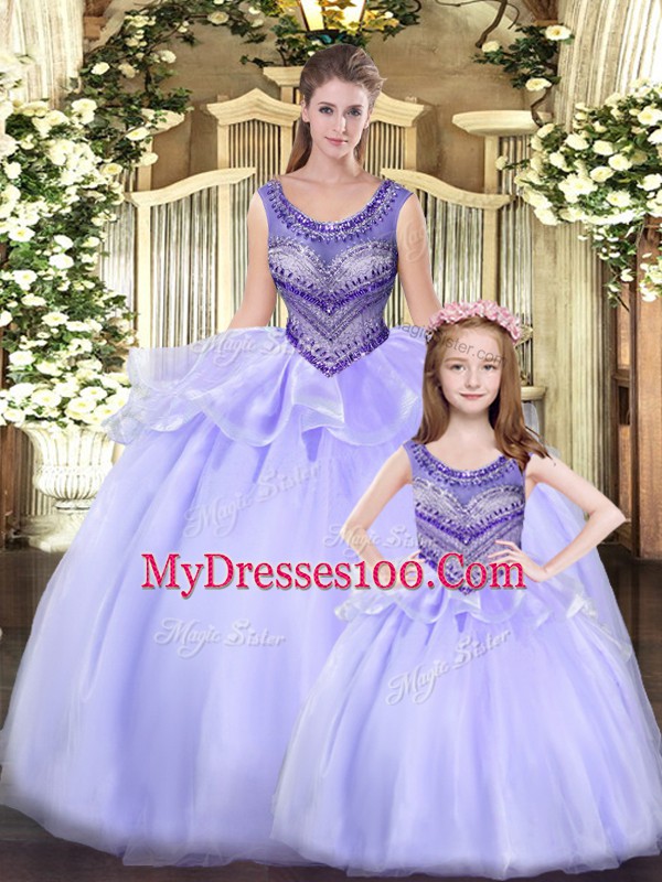 Beading and Ruching Quince Ball Gowns Lavender Lace Up Sleeveless Floor Length