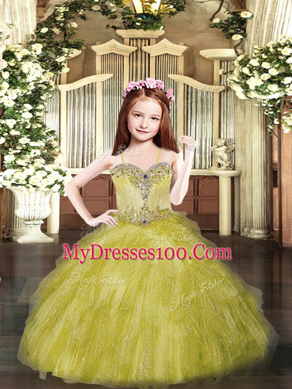Superior Floor Length Lace Up Little Girls Pageant Gowns Olive Green for Party and Quinceanera with Beading and Ruffles