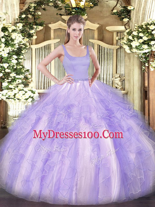 Fashion Sleeveless Tulle Floor Length Zipper Quinceanera Gown in Lavender with Beading and Ruffles