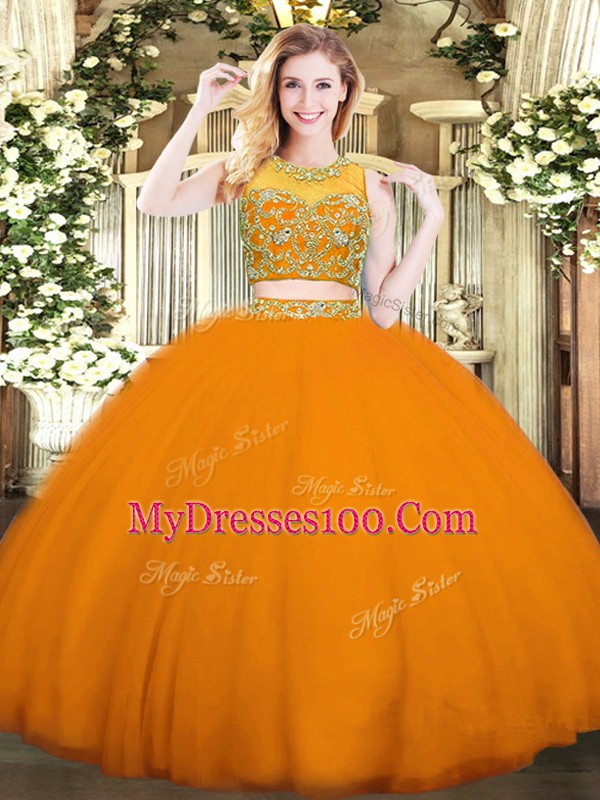 Cheap Orange Red Tulle Zipper Quinceanera Gown Sleeveless Floor Length Beading