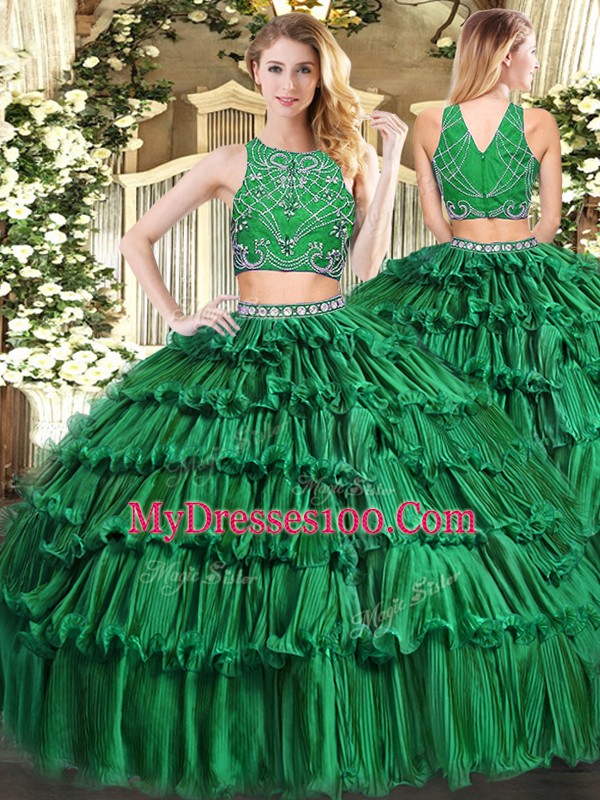 Dark Green Tulle Zipper High-neck Sleeveless Floor Length Quinceanera Gown Beading and Appliques and Ruffled Layers