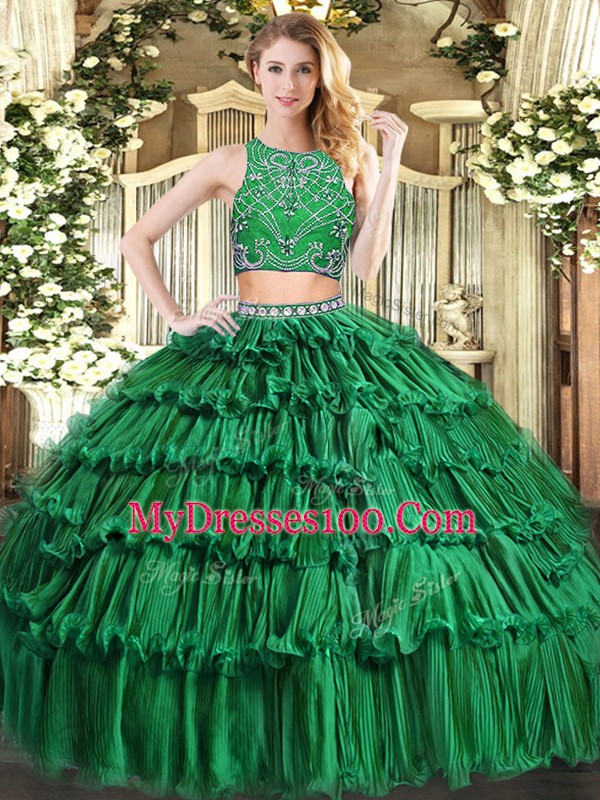 Dark Green Tulle Zipper High-neck Sleeveless Floor Length Quinceanera Gown Beading and Appliques and Ruffled Layers
