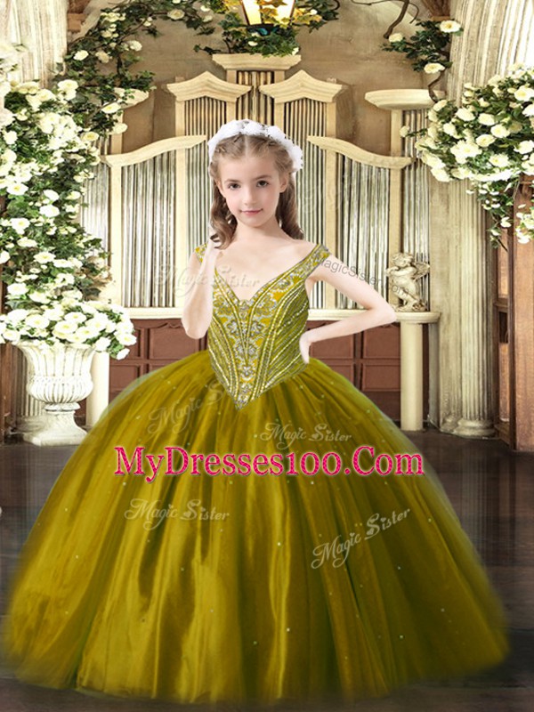Trendy Sleeveless Floor Length Beading Lace Up Kids Pageant Dress with Brown