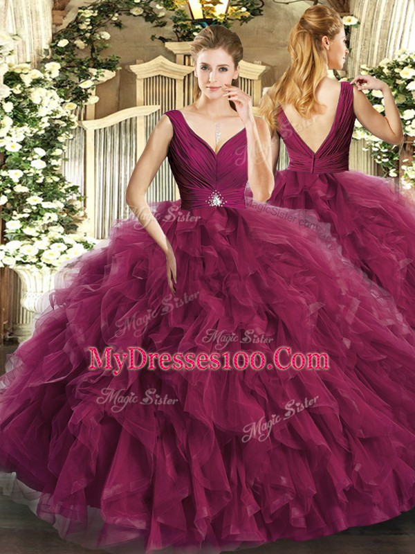 Romantic Burgundy Backless V-neck Beading and Ruffles Quince Ball Gowns Tulle Sleeveless