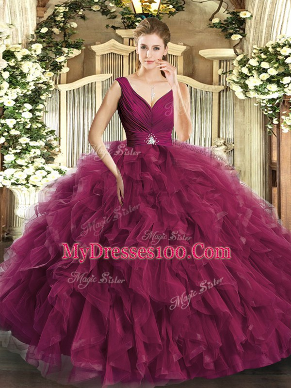 Romantic Burgundy Backless V-neck Beading and Ruffles Quince Ball Gowns Tulle Sleeveless