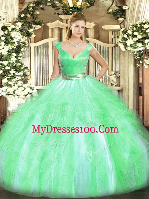 Fashionable Apple Green Zipper Ball Gown Prom Dress Beading and Ruffles Sleeveless Floor Length