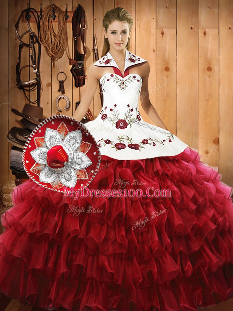 Pretty Sleeveless Organza Floor Length Lace Up Vestidos de Quinceanera in Wine Red with Embroidery and Ruffled Layers