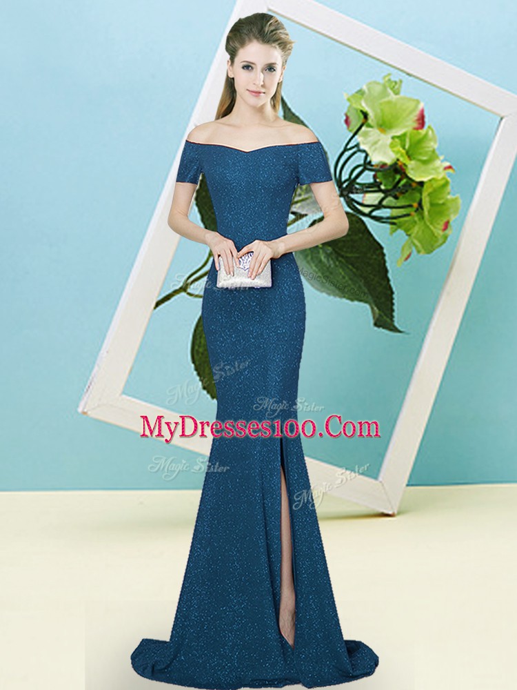 Blue Mermaid Off The Shoulder Long Sleeves Sequined Sweep Train Zipper Sequins Evening Dress