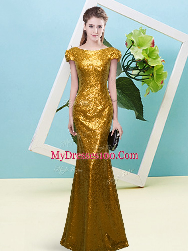 Gold Cap Sleeves Floor Length Sequins Zipper