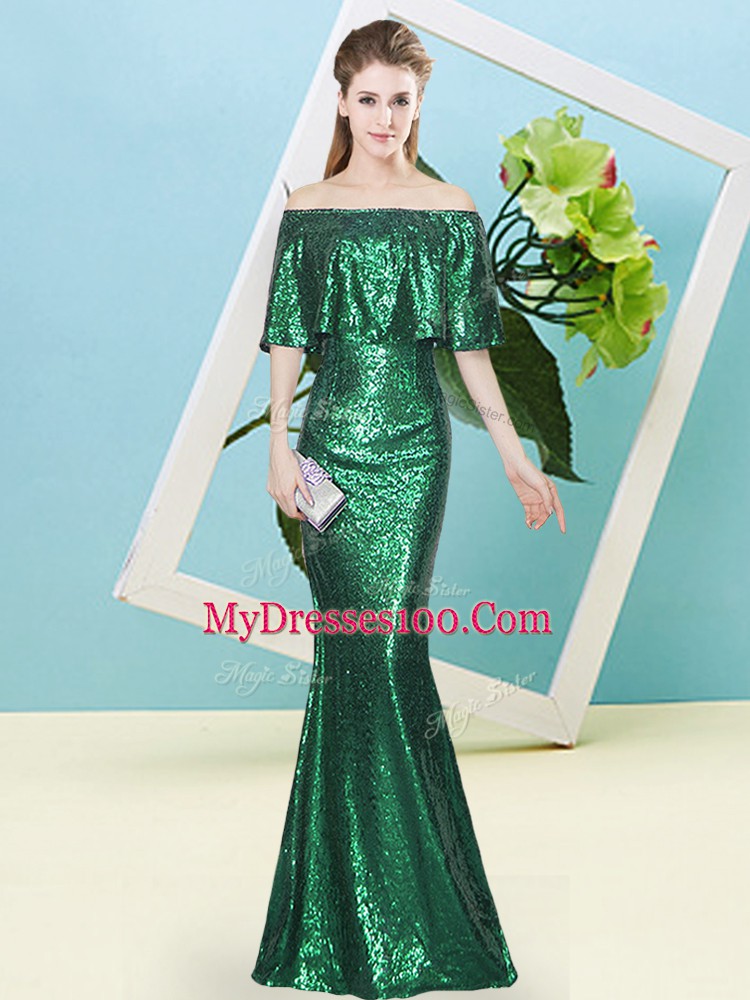 Floor Length Mermaid Half Sleeves Dark Green Evening Dress Zipper