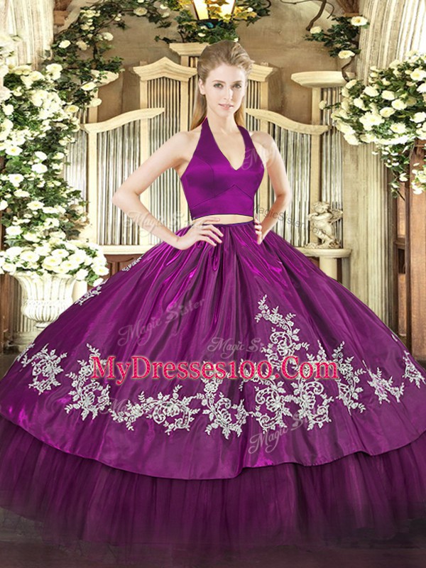 Floor Length Zipper Sweet 16 Quinceanera Dress Fuchsia for Military Ball and Sweet 16 and Quinceanera with Appliques