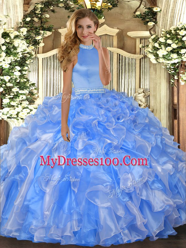 Ideal Baby Blue Organza Backless Halter Top Sleeveless Floor Length Quinceanera Dresses Beading and Ruffles