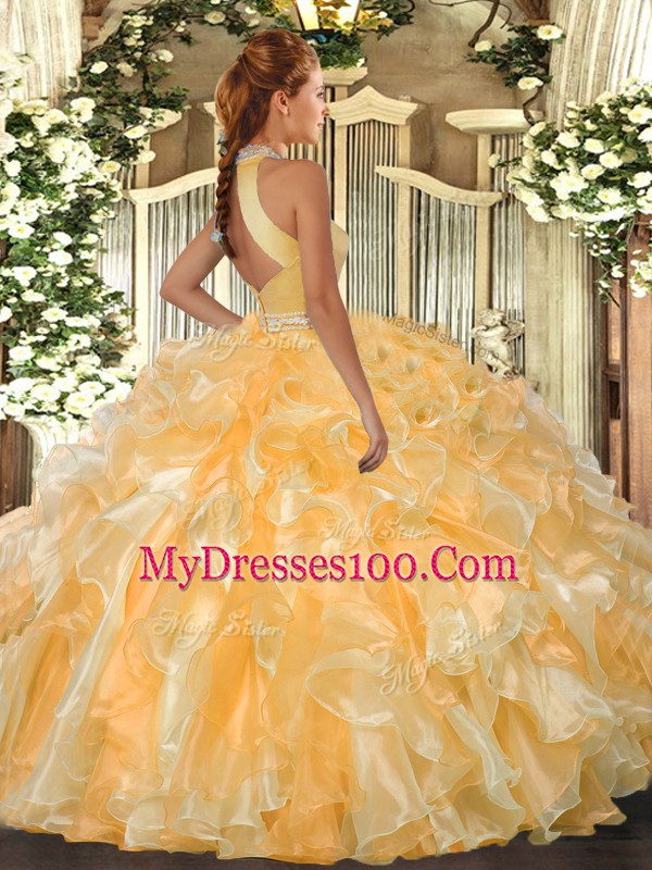 Ideal Baby Blue Organza Backless Halter Top Sleeveless Floor Length Quinceanera Dresses Beading and Ruffles