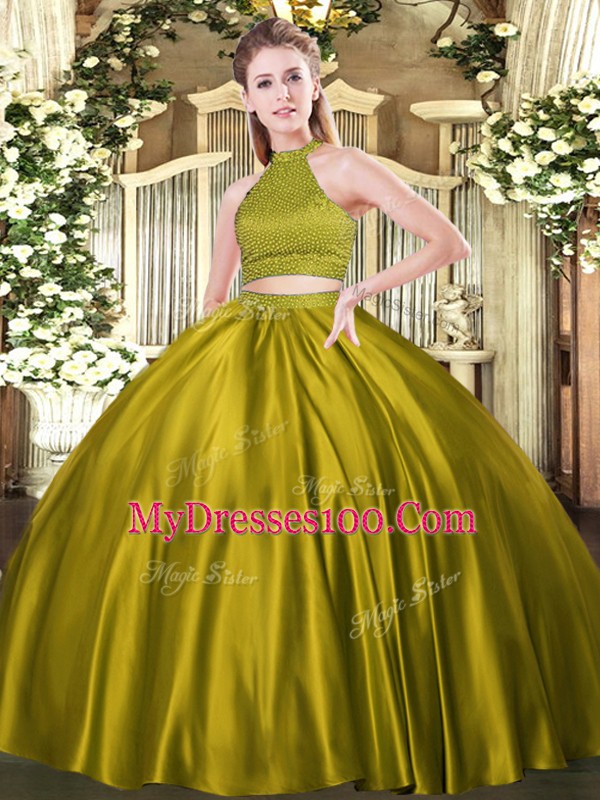 Brown 15th Birthday Dress Military Ball and Sweet 16 and Quinceanera with Beading Halter Top Sleeveless Backless