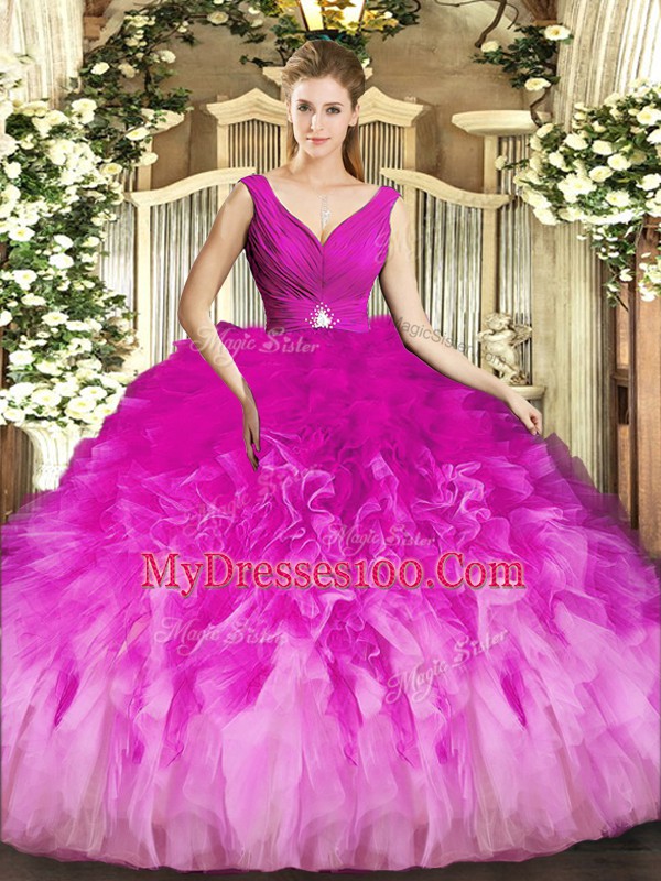 Popular Fuchsia Ball Gowns Beading and Ruffles Ball Gown Prom Dress Backless Tulle Sleeveless Floor Length