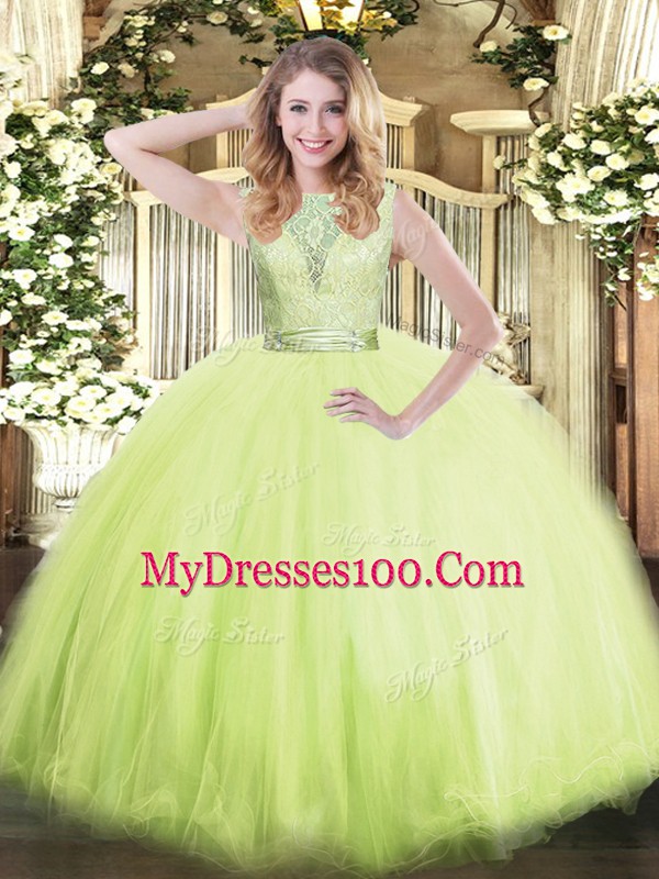 Captivating Yellow Green Backless Quinceanera Dress Lace Sleeveless Floor Length
