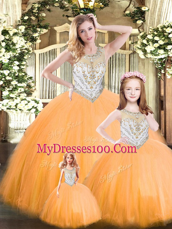 Orange Red Tulle Lace Up Scoop Sleeveless Floor Length 15 Quinceanera Dress Beading