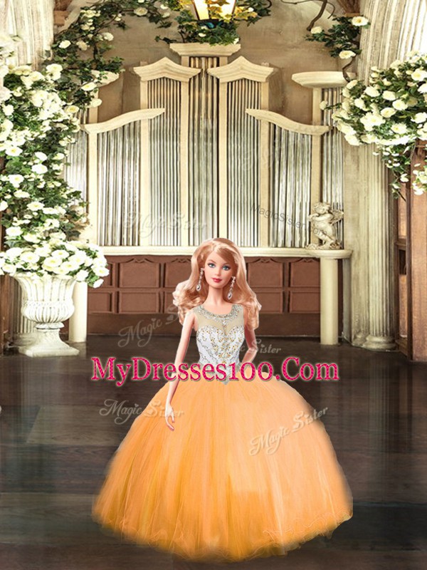 Orange Red Tulle Lace Up Scoop Sleeveless Floor Length 15 Quinceanera Dress Beading