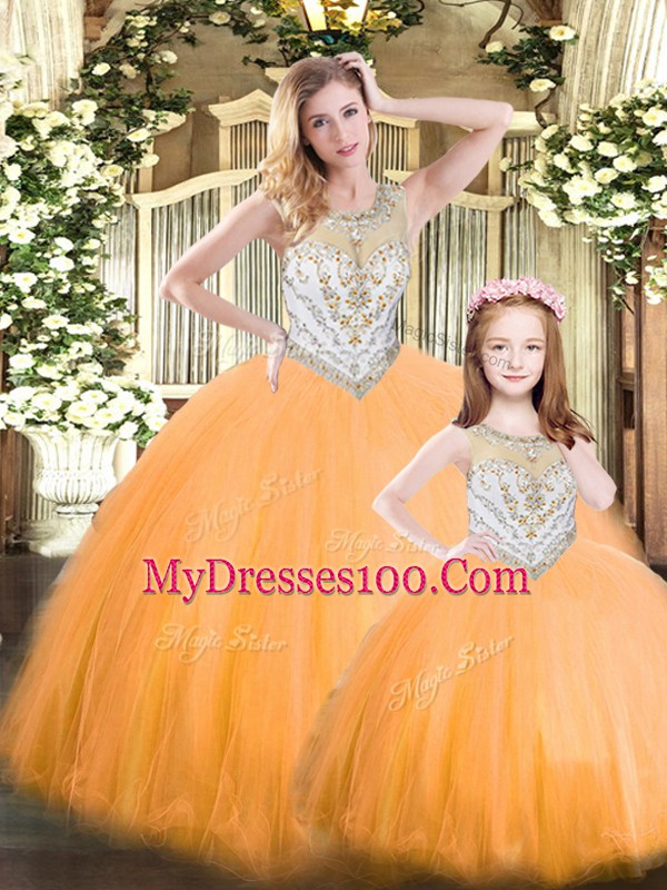 Orange Red Tulle Lace Up Scoop Sleeveless Floor Length 15 Quinceanera Dress Beading