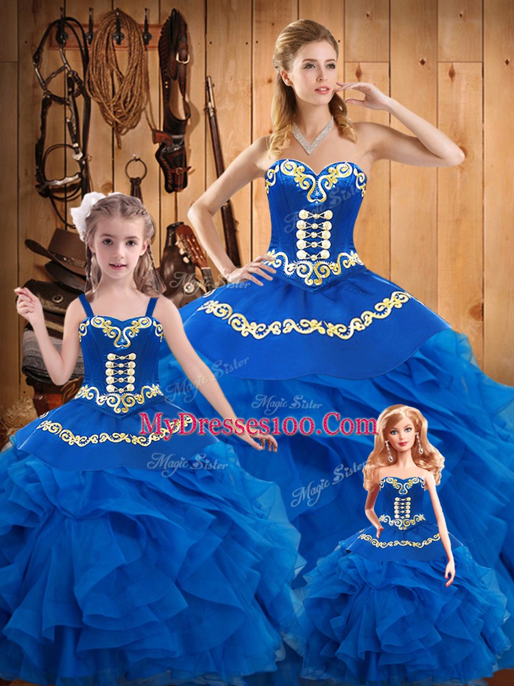 Great Blue Lace Up Sweetheart Embroidery Sweet 16 Dresses Tulle Sleeveless