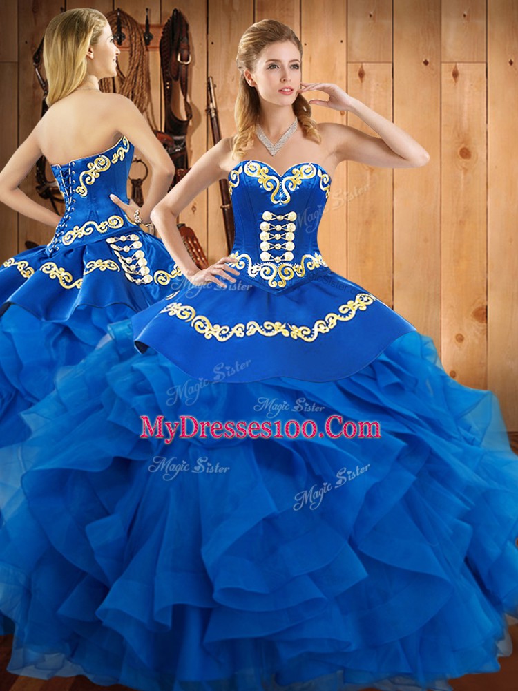 Great Blue Lace Up Sweetheart Embroidery Sweet 16 Dresses Tulle Sleeveless